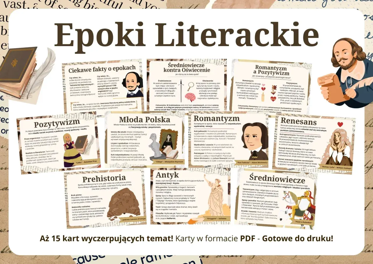 Epoki literackie: od prehistorii po romantyzm i pozytywizm. Poznaj epoki po kolei, ich cechy i dzieła.
