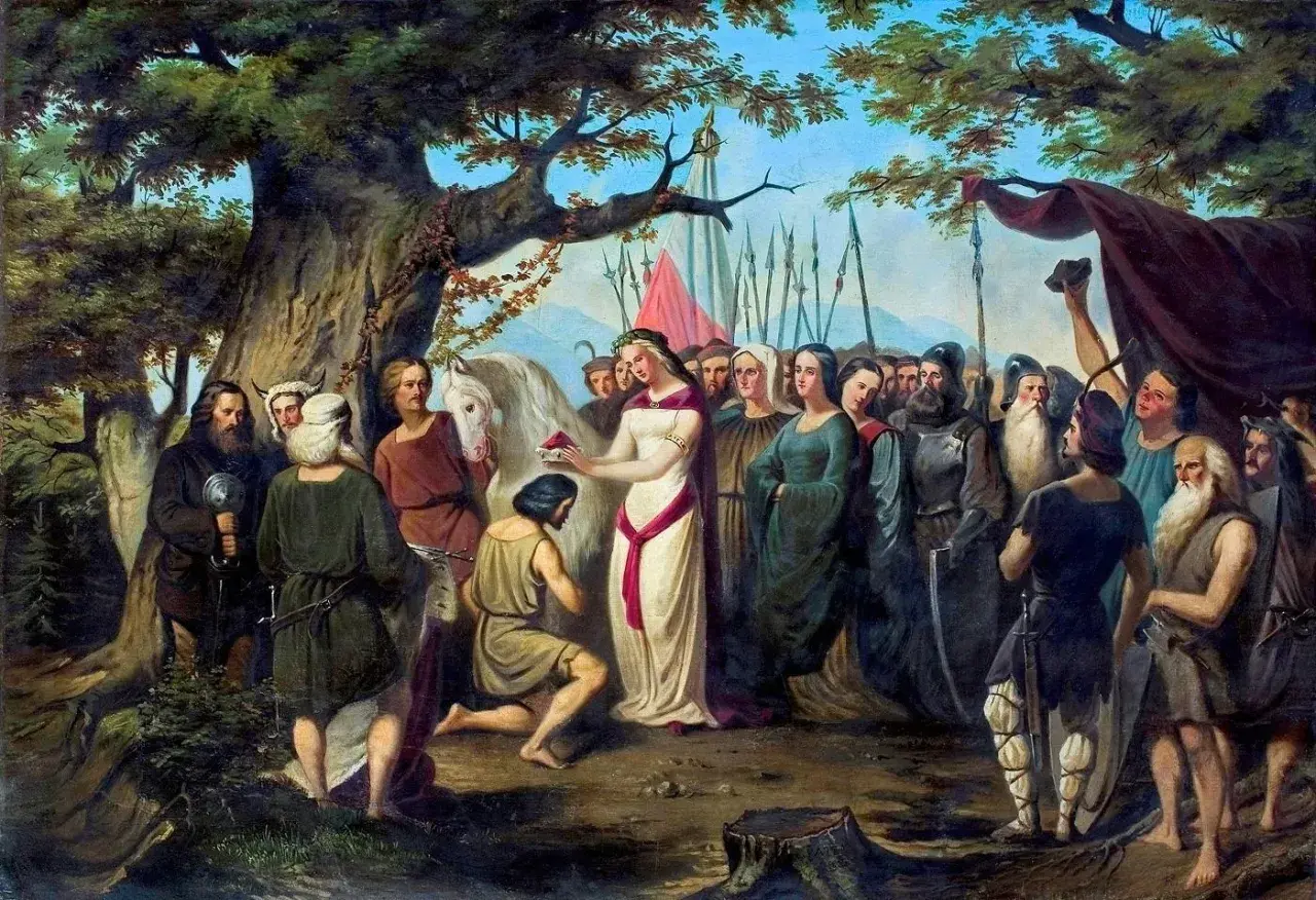 Kobieta w bieli klęka przed mężczyzną, symbolizując chrzest polski, data 966.