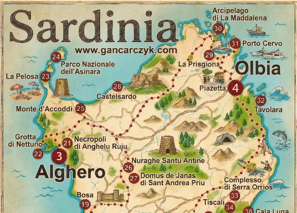 Mapa Sardynii z zaznaczonymi atrakcjami: Alghero, Olbia, Porto Cervo, Castelsardo. Zobacz, co warto zobaczyć na wyspie!