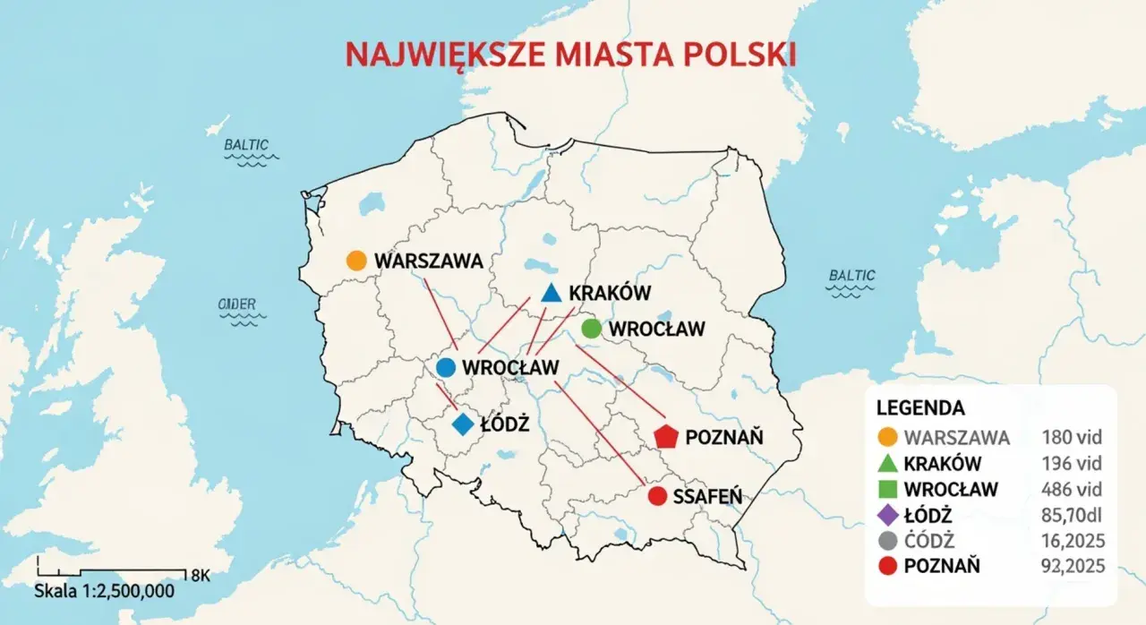Mapa Polski z zaznaczonymi największymi miastami i legendą.