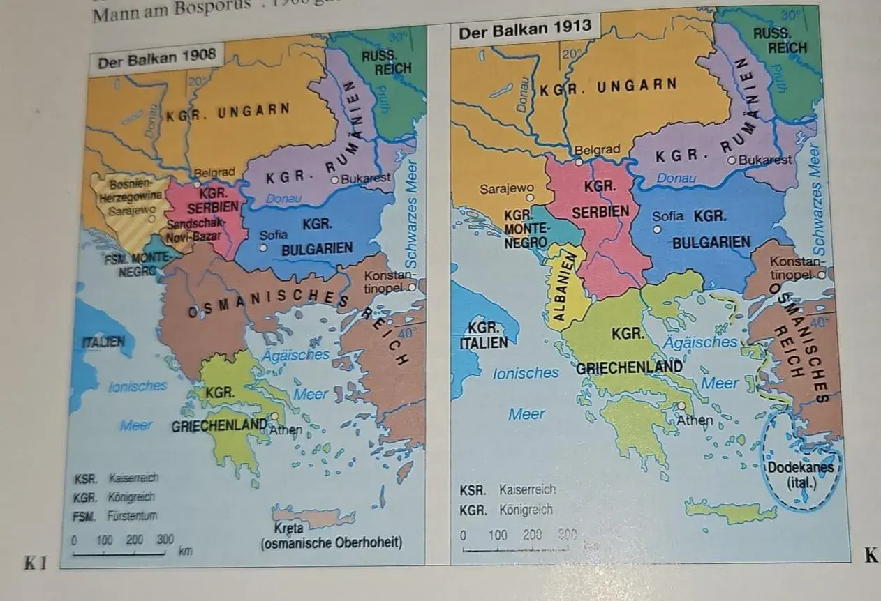 Mapy Europy Środkowo-Wschodniej z lat 1908 i 1913 pokazujące zmiany granic w krajach bałkańskich.