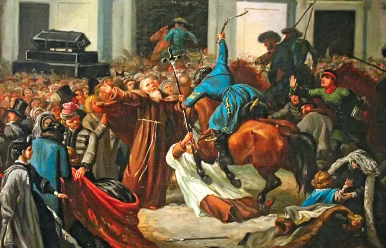 Obraz przedstawia zamieszki i starcia z żołnierzami, symbolizujące przyczyny powstania styczniowego. Widoczny jest tłum ludzi, duchowny i żołnierze na koniach.