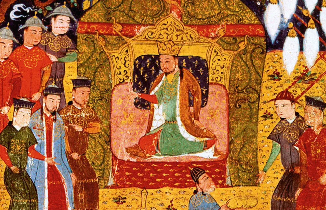 Wspaniały władca siedzi na tronie, otoczony dworzanami. Obraz ukazuje potęgę imperium mongolskiego.