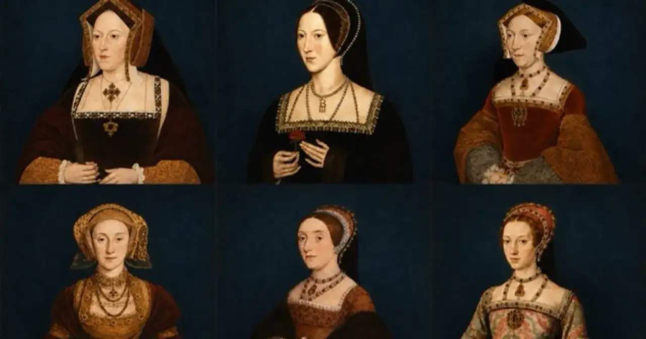 Sześć portretów żon Henryka VIII Tudor. Każda z nich nosi charakterystyczny strój epoki.