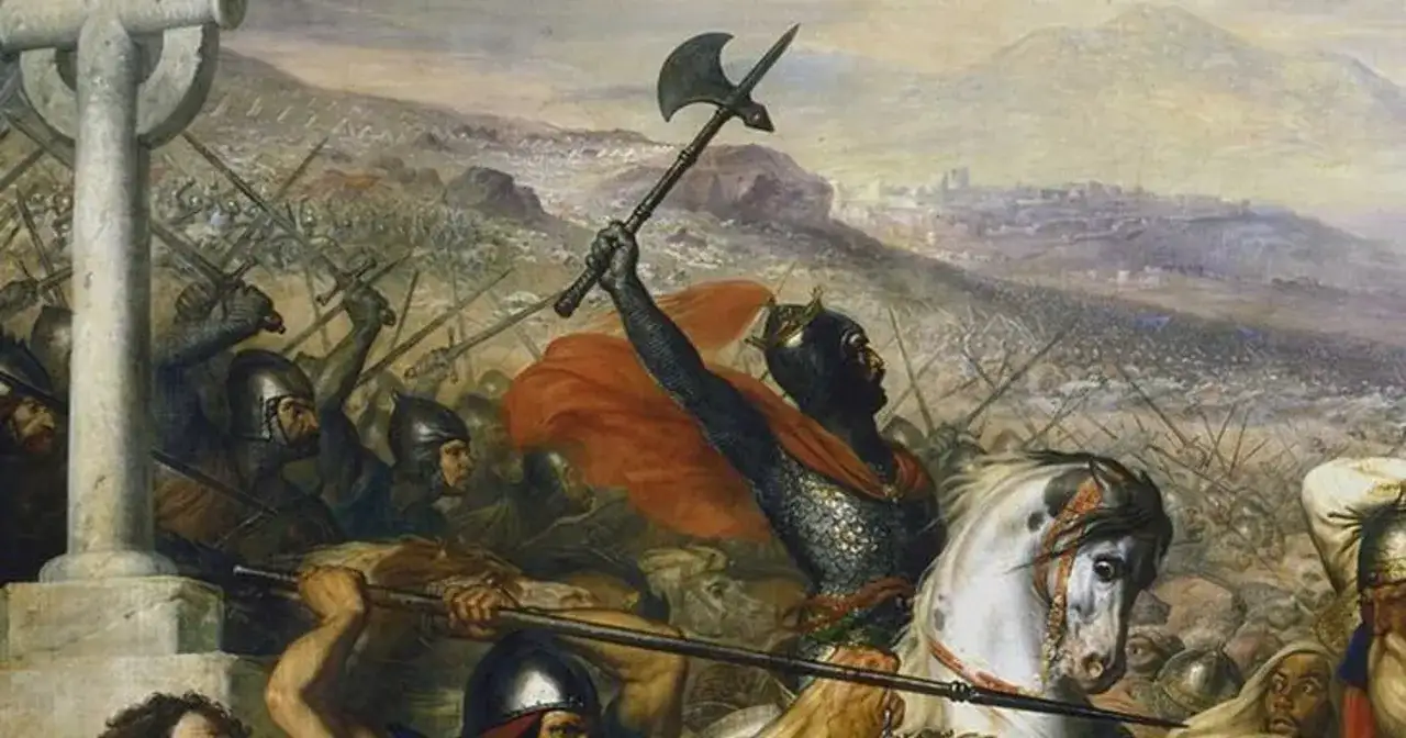 Rycerz na białym koniu wznosi topór, symbolizując bitwę pod Poitiers. W tle widać zgiełk starcia i miasto.