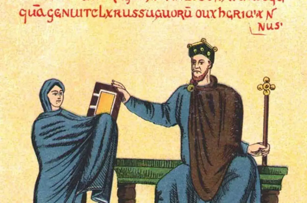 Ilustracja z kroniki, przedstawiająca władcę z koroną i berłem, symbolizującego początki państwa polskiego.