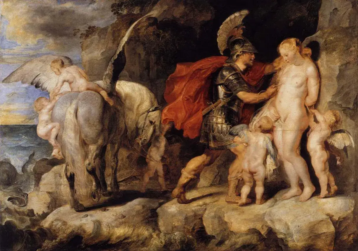 Perseusz ratuje Andromedę z morskiego potwora. Na Pegazie, skrzydlatym koniu, przybywa bohater, by uwolnić piękną księżniczkę.