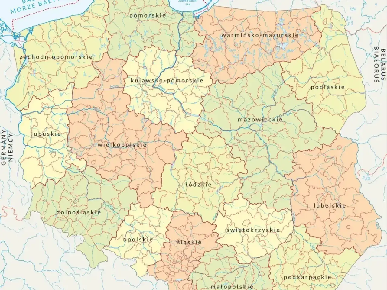 Mapa Polski z podziałem na województwa. Pokazuje, ile jest miast w Polsce, choć nie podaje dokładnej liczby.