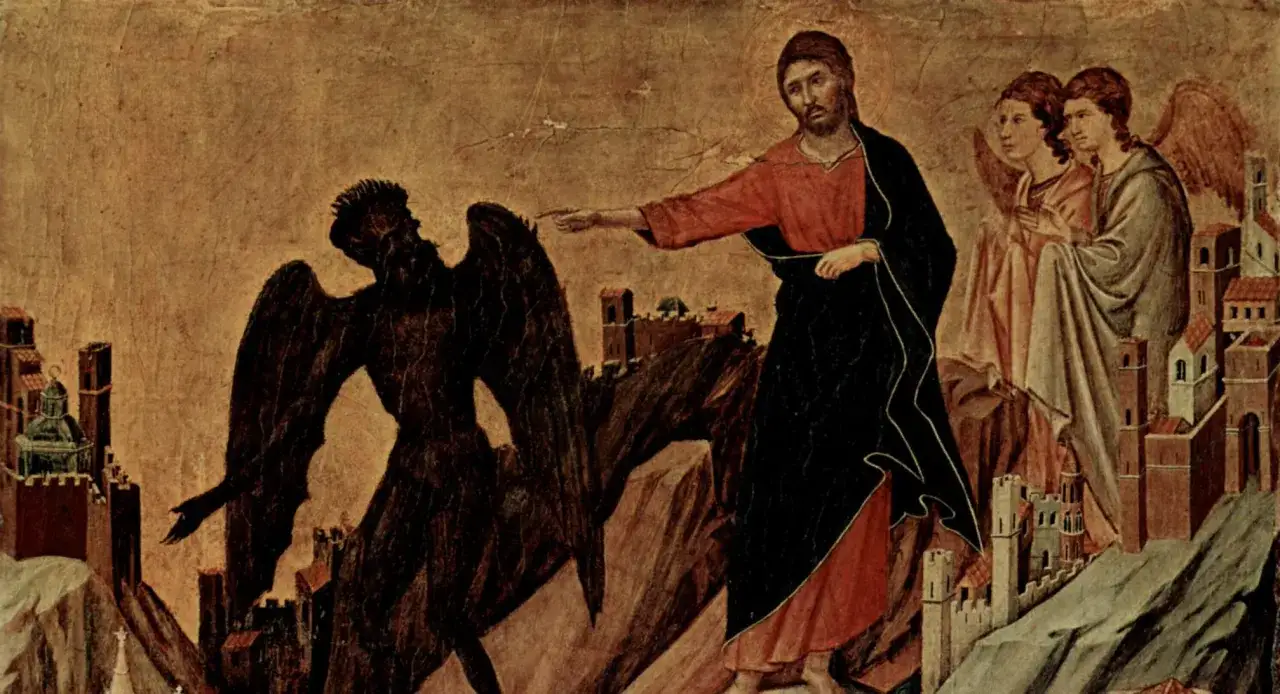 Jezus odrzuca pokusy szatana, wskazując mu drogę. Obok aniołowie patrzą na scenę.