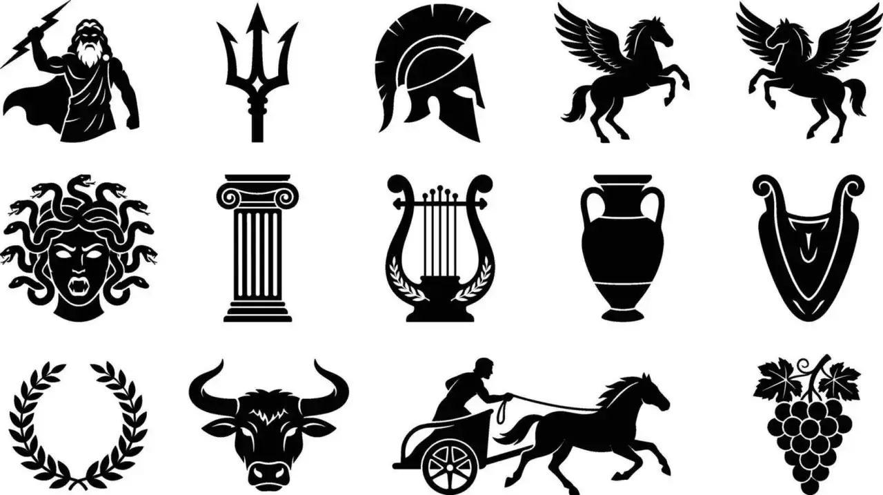 Ikony nawiązujące do mitologii greckiej: Zeus, trójząb, hełm, Pegaz, Meduza, kolumna, lira, amfora, wieniec laurowy, byk, rydwan, winogrona.