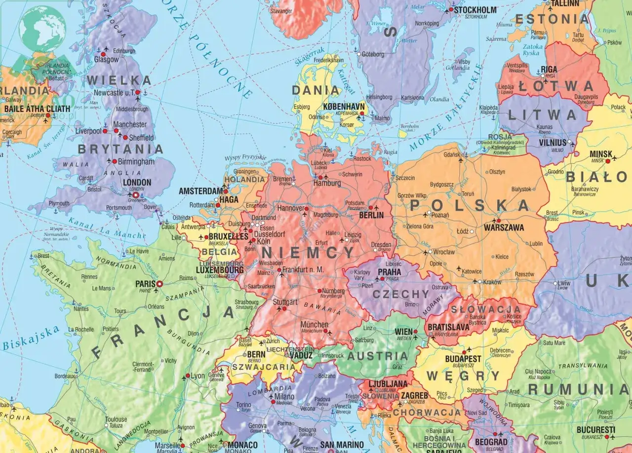 Mapa Europy z zaznaczonymi krajami, miastami i rzekami. Ile jest krajów w Europie? Na tej mapie widać wiele państw.