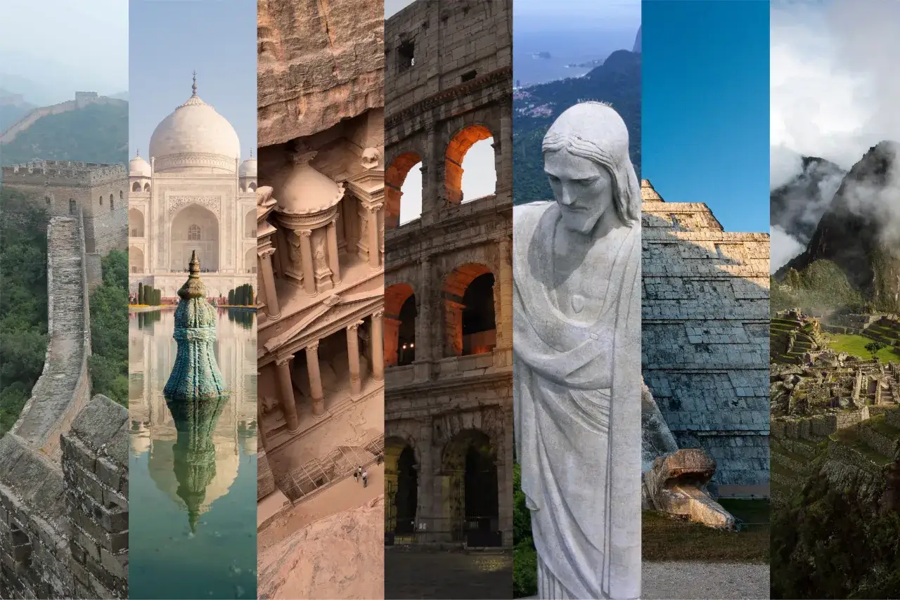 Wielki Mur, Tadż Mahal, Petra, Koloseum, Chrystus Odkupiciel, Chichen Itza, Machu Picchu – kolaż przedstawiający 7 cudów świata.
