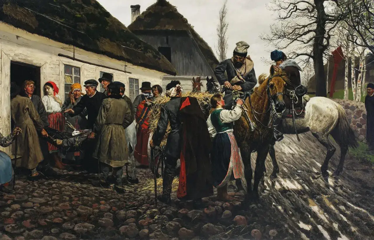 Ludzie niosą rannego, być może symbolizując przyczyny powstania styczniowego. Na koniach siedzą żołnierze, a w tle widać wiejskie zabudowania.