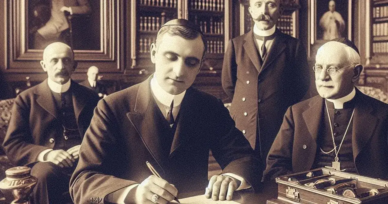 Mężczyźni w historycznych strojach, jeden podpisuje dokument, być może ważny konkordat.