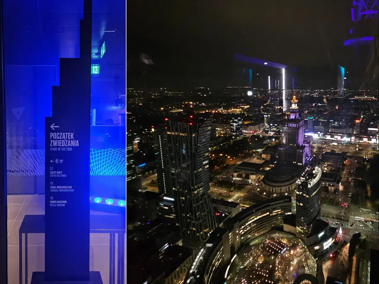 Widok nocą na najwyższe budynki w Polsce, w tym Pałac Kultury i Nauki. Po lewej stronie tablica informacyjna z trasą zwiedzania.