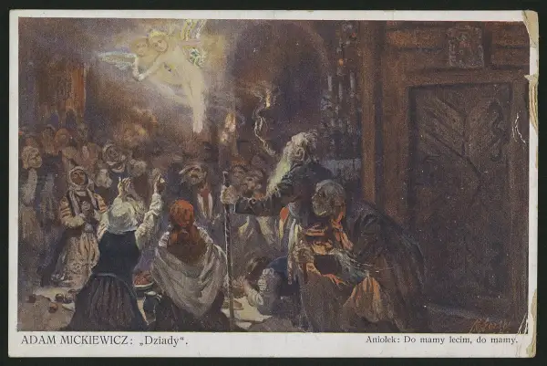 Konrad w "Dziadach" widzi aniołka niosącego duszę do mamy. Tłum ludzi patrzy z nadzieją.