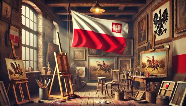 Pracownia artystyczna z polską flagą i obrazami historycznymi. Wśród płócien i sztalug, jakby w hołdzie wielkim twórcom, wiszą dzieła inspirowane polską historią, przywołując ducha znanych malarzy.