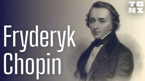 Portret Fryderyka Chopina, z napisem "Fryderyk Chopin" po lewej. Obraz zawiera informacje o jego życiu i twórczości.