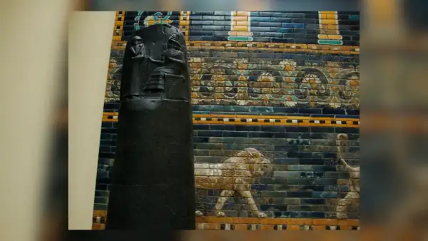 Kamienna stela z reliefem, obok niej mozaikowa ściana z wizerunkiem lwa. To fragmenty nawiązujące do kodeksu Hammurabiego.