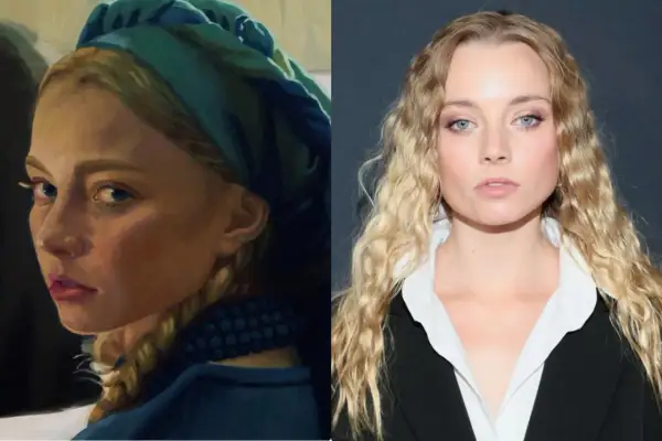 Obok obrazu z Jagną w niebieskim nakryciu głowy, zdjęcie współczesnej kobiety z falowanymi blond włosami.