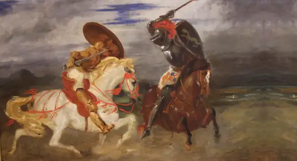 Dwóch rycerzy na koniach ściera się w walce, jak w epopei rycerskiej. Jeden w złotej zbroi na białym koniu, drugi w ciemnej na brązowym.