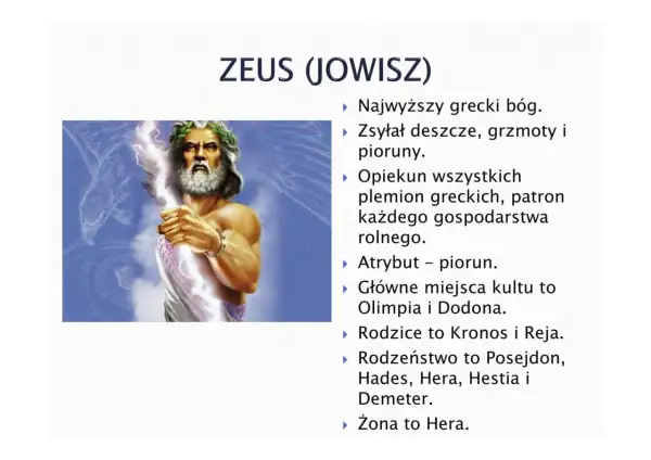 Zeus, władca bogów olimpijskich, z piorunem w dłoni.