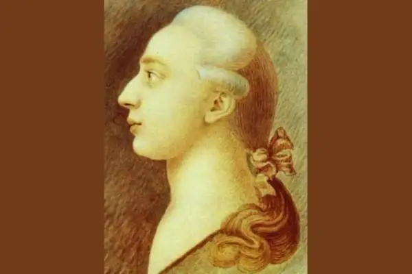 Portret mężczyzny w peruce z kokardą, przypominający słynnego Casanovę, w profilu.