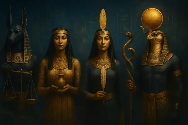 Postacie z mitologii egipskiej: Anubis z wagą, dwie kobiety, jedna z dzbanem, druga z piórem, oraz Horus z berłem.