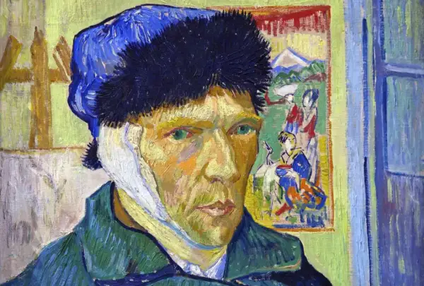 Van Gogh obrazy najsłynniejsze: autoportret z zabandażowanym uchem, w tle japońska grafika.