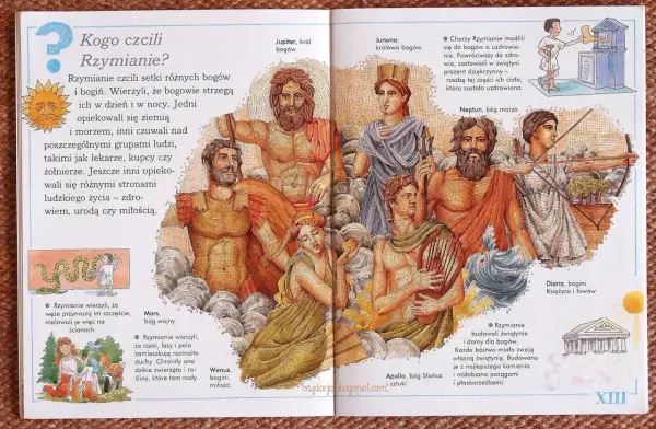Ilustracja przedstawia panteon bogów rzymskich, w tym Jowisza, Junonę, Neptuna, Marsa, Wenus, Apollina i Dianę.